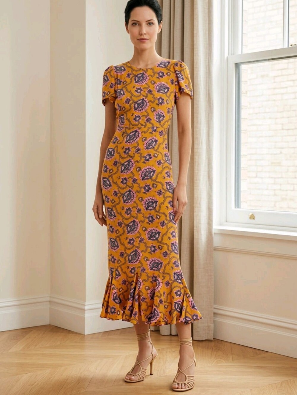 RHODE Lulani Gold Floral Print Dress with Purple Lotus Designs Size 6